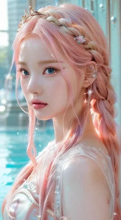 a close up of a woman with pink hair and a pink dress and blue like eyes, close-up fantasy with water magic., dripping wet hair,...