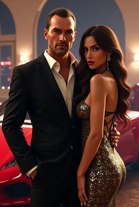 Michael In GTA5 Clear image in Millionaire Look with the sexy girl  with background of expensive cars and helicopter  in his house and smoke cigar 

