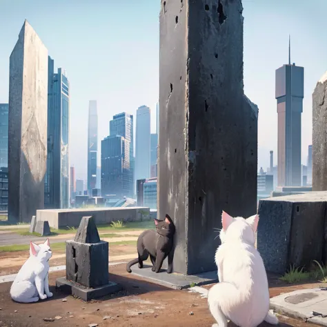 many cats and a girl curiously surround the monolith in the vacant lot