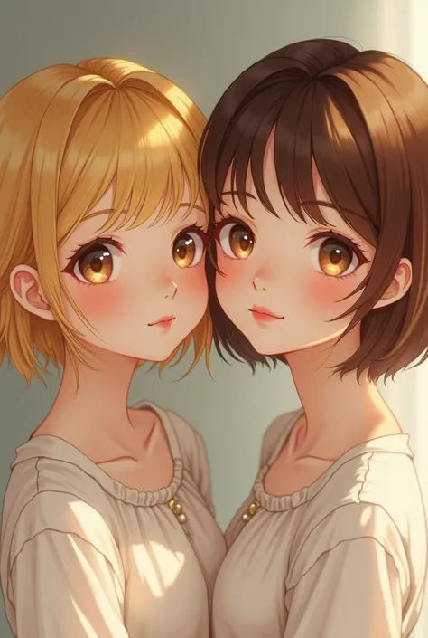 Beautiful image of two sisters with short hair, one with yellow hair and the other with brown hair 