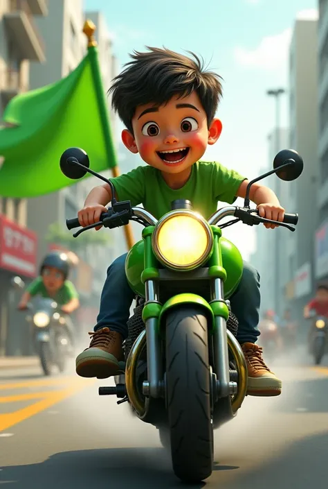 Boy with a green shirt riding a motorcycle also in green and a flag attached to the motorcycle also in green