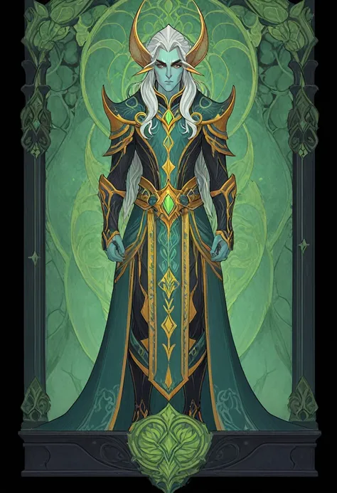 1man, Elves, from world of warcraft, but, Full body standing painting, (((solo))), Clear facial features, Simple line design, ((tarot card background, symmetric beauty)), perfectly symmetrical, The art of symmetry, Standing drawings of characters, ((flatco...