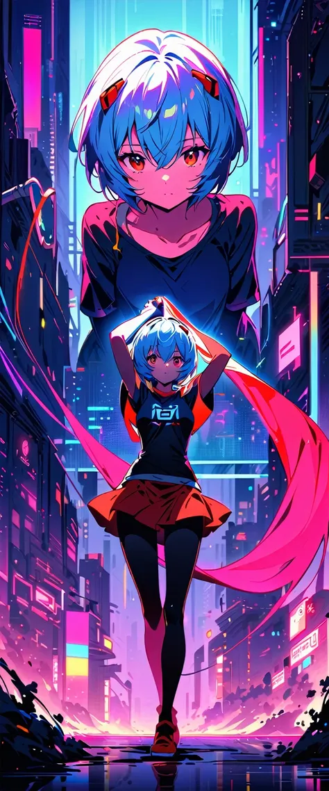 A young girl, styled after Ayanami Rei, is depicted standing alone in a Stand Splits pose. She has short blue hair with bangs and hair strands between her eyes, and she is wearing a T-shirt and mini skirt instead of her usual bodysuit. The environment feat...