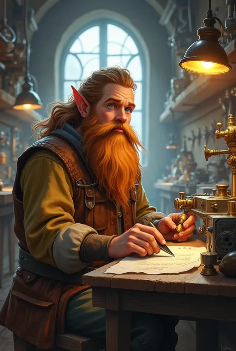 drawing of a young engineer dwarf, no wrinkles, bright beard, long hair, blue eyes, sitting on a workshop