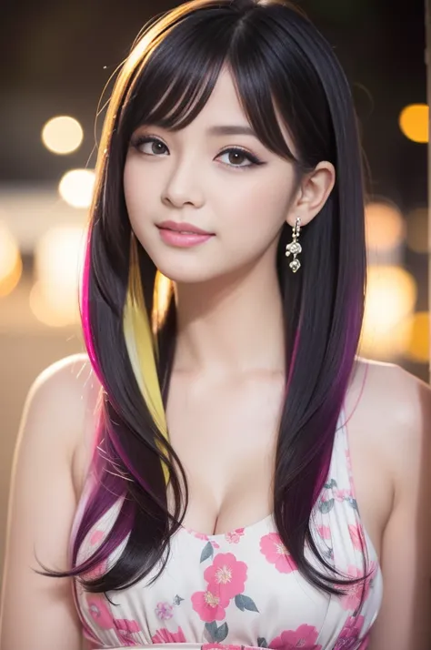 female idol、Glossy lipgloss、Smiling face、smoky eyeshadow、winged eyeliner、((very long eyelashes))、female silk dress、Floral、colorful short hair（Neon Fuchsia)、Floral in the hair、conceptual art, good quality, realisti, extremely detailed CG Unified 8k wallpape...