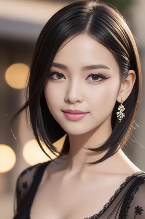 female idol、Glossy lipgloss、Smiling face、smoky eyeshadow、winged eyeliner、((very long eyelashes))、female silk dress、Floral、colorful short hair（Neon Fuchsia)、Floral in the hair、conceptual art, good quality, realisti, extremely detailed CG Unified 8k wallpape...