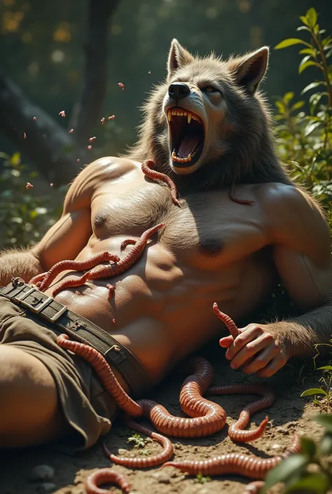 realistic image of a half naked werewolf sunbathing naked attacked by a swarm of worms and some worms sucking his nipples, one of the worms sucks into his genitals and he is in pain