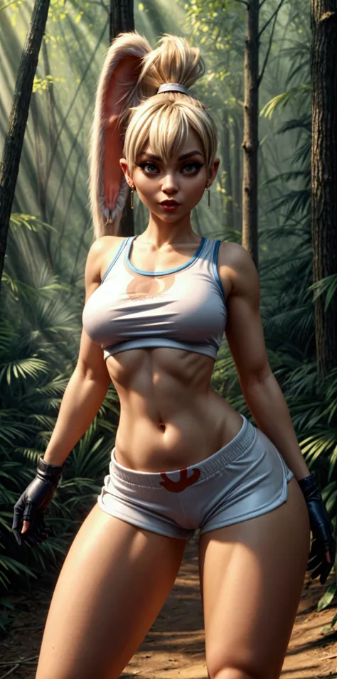 lola bunny, tight t-shirt, sexy pose, thin narrow waist, legs, realistic skin, earrings, short gloves covered arms, open belly, open shoulders, hot body, sport microshorts, sunny forest, fox ears