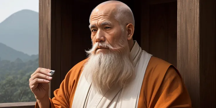 an elderly monk with a long white beard, wearing a traditional orange tunic that stands out in a serene environment. He carefully holds a calendar in his hands, with an expression of wisdom and tranquility. The monk is looking directly at the camera, your ...