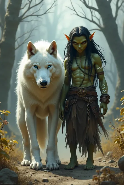 two distinct beings, first a white-coated wolf, looking straight ahead, the wolf has one blue eye and one dark brown eye, the wolf is the leader, at his side a short goblin, with an athletic physique, with white tattoos, wearing animal leather clothes like...