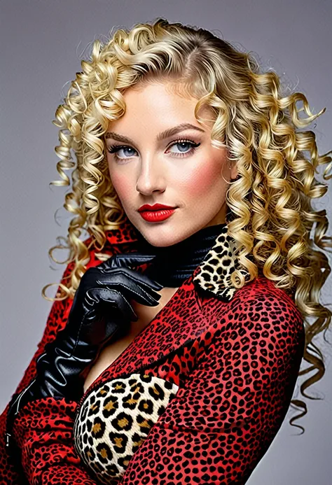 a woman semi profile with a red leopard print bodysuit and leopard gloves, curly blond, curly blonde hair | d & d, blonde curly hair, very very curly blond hair, blond curly hair, long blond drill curls, curly blonde hair, long fluffy blond curly hair,phot...