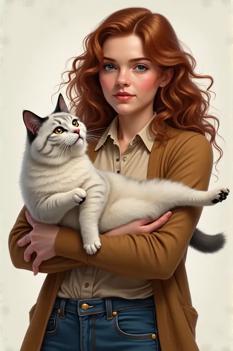 Make Hermione Granger using a Jean, a beige blouse and a brown cardigan holding a Himalayan cat in her arms (The cat is white except for its ears, tail and legs that are gray)