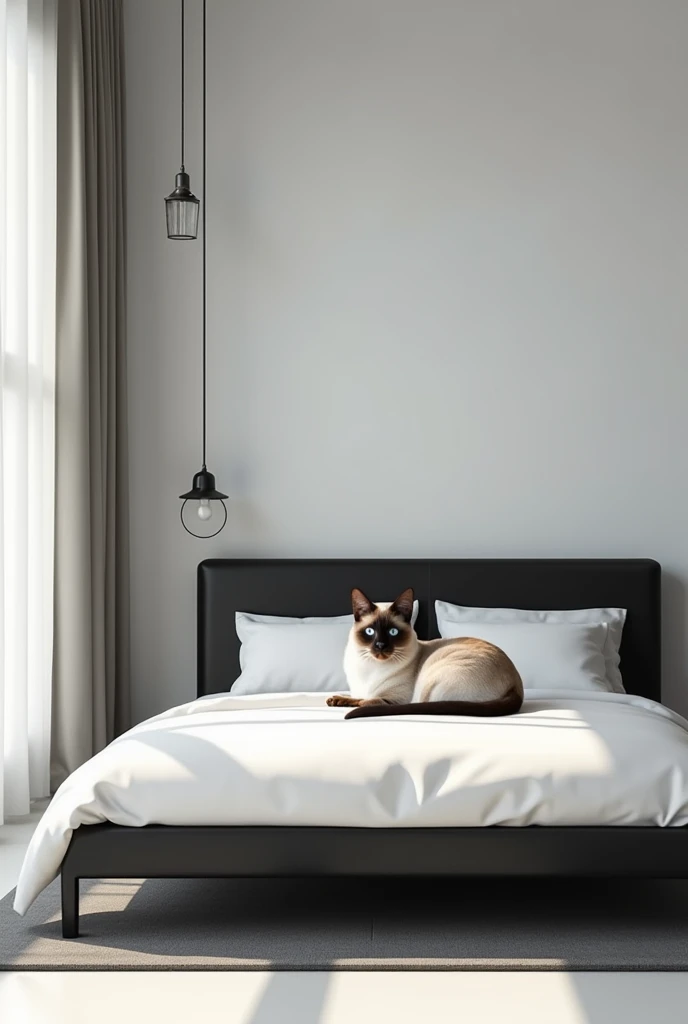 white and black bed with Siamese cat lying down 