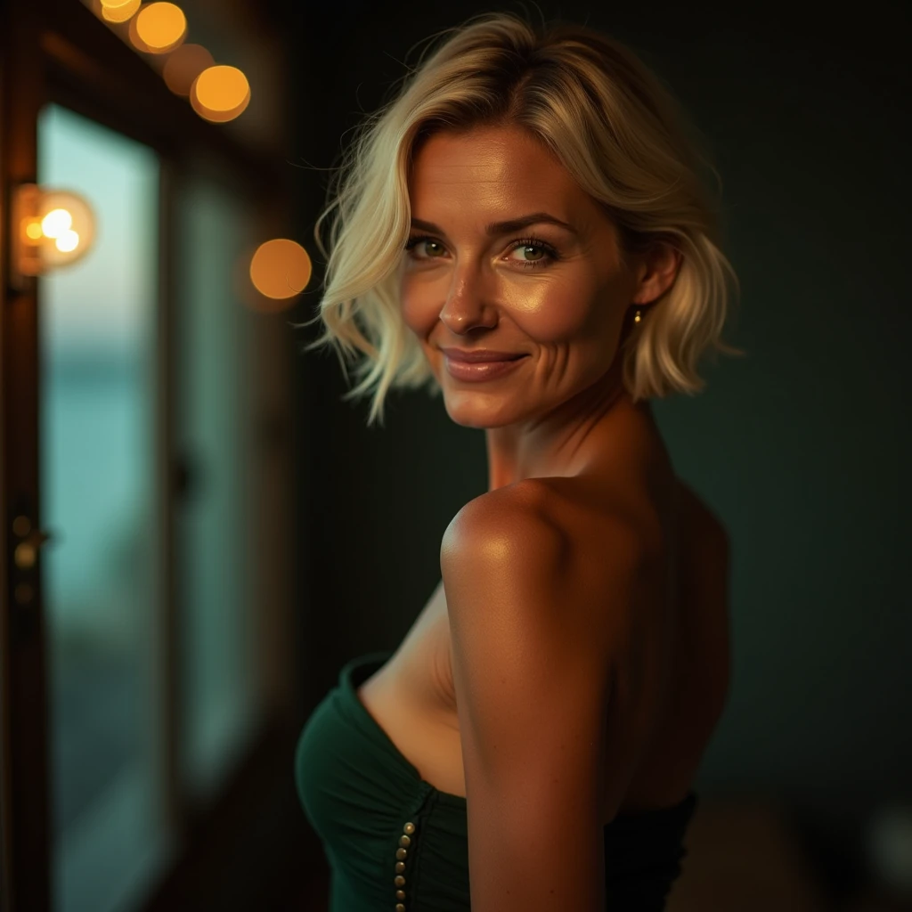 A captivating Caucasian woman with a radiant complexion and a natural smile. blonde, forty, her short cropped hair framing her heart-shaped face, her symmetrical eyes sparkling with warmth. 

back turned, bare torso, dark green tanga, wry smile

soft light...