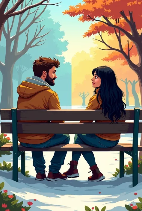 Young caucasian man, brown hair and beard. Young adult Woman, (black-skinned:1.2), latin mixed race, long straight hair with bangs. They are sitting on a park bench, facing each other, smiling and chatting. Split screen, Man side is winter based scene, wit...