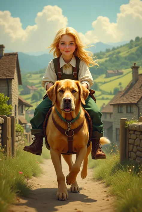 female, blonde, dwarf, riding, Fox-red labrador, countryside, inspired by British pub signs, vintage  