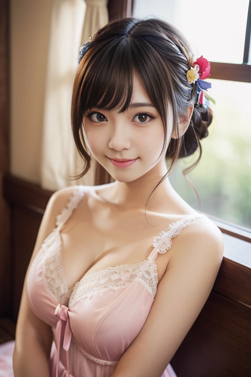 medium view, medium shot, written boundary depth, bust, cinematic angle, masterpiece, highest quality, Super detailed, cg, 8k wallpaper, beautiful japanese idol with a round face, big brests, delicate eyes, maiden, alone, big smile, bangs, colorful see-thr...