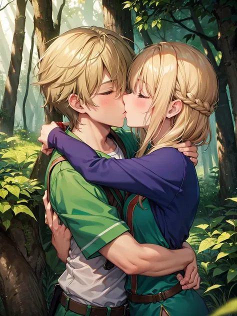 Man and woman embracing in the forest, Female Link and Maron kiss, Peasant boy and girl&#39;s first kiss, Gregoire and Manon, A nice kiss, A kiss is a wordless spell, Fairytale style background, The girl has red hair and large breasts., Thick thighs,That b...