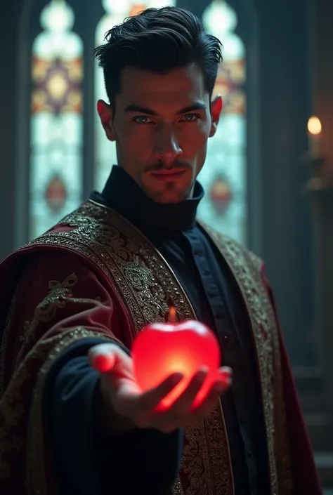 An attractive priest with blue eyes and black hair taking a red apple in his hand