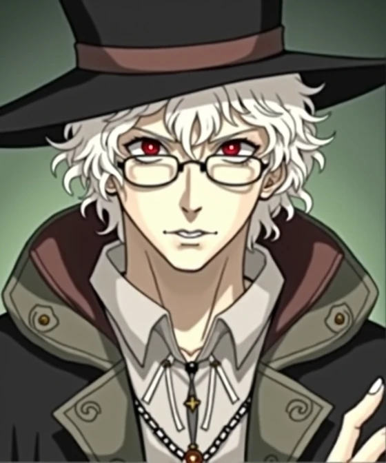 Male inquisitor, sixteenth century, albino, curly white hair, red pupils, inquisitors clothes, old-fashioned glasses