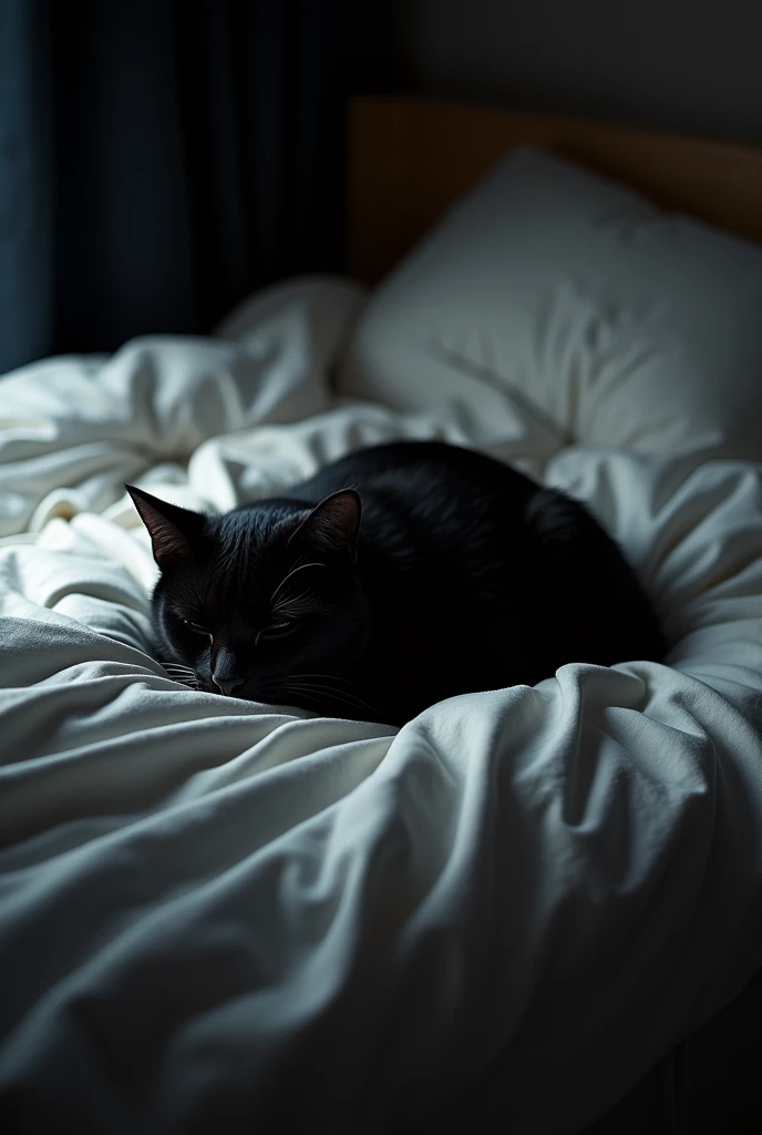 white and black bed with black cat lying down, image at an angle from above 45° downwards 