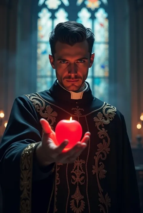 An attractive priest with blue eyes and black hair taking a red apple in his hand