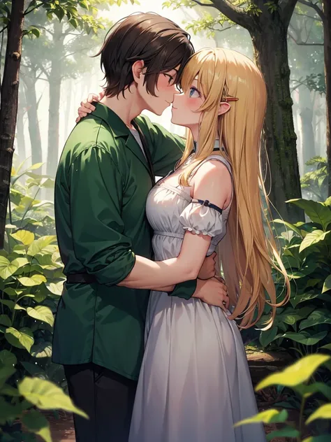 Man and woman embracing in the forest, Female Link and Maron kiss, Peasant boy and girl&#39;s first kiss, Gregoire and Manon, A nice kiss, A kiss is a wordless spell, Fairytale style background, The girl is blonde and has big breasts., Thick thighs,That bo...