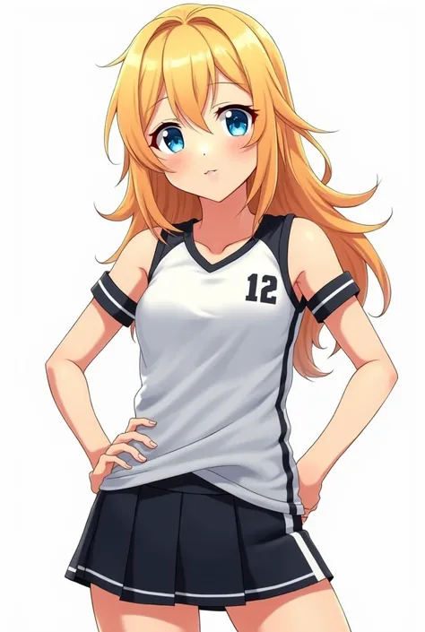 Anime girl
Hair: Usually blonde, wavy 
Eyes: Blue 
Skin tone: nude
Style: sports skirt and sports shirt, both black 
Background: white