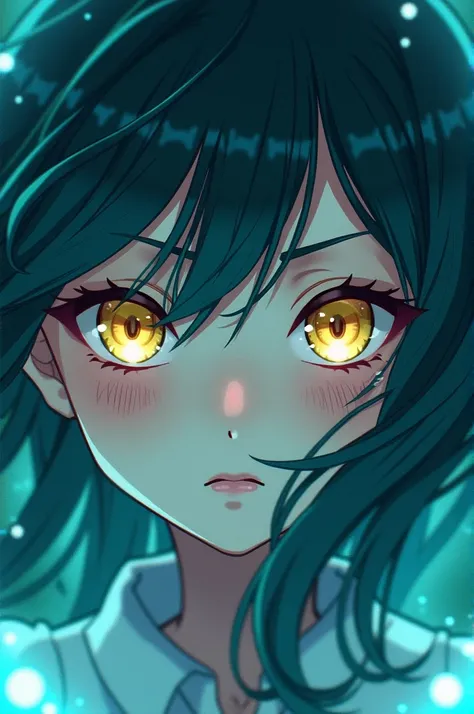 Dark turquoise hair girl , yellow eyes , Pale skin , pink lips , Boku no hero anime style