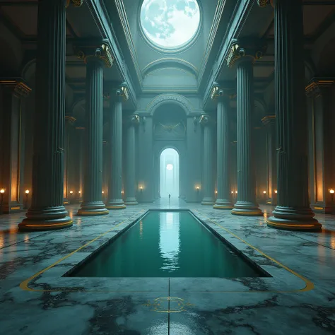 An enormously tall underground hall, tall columns, marble floors, the architecture is victorian, but also futuristic, science fiction, dimmed lighting, epic, a long pool, cinematic moonlight