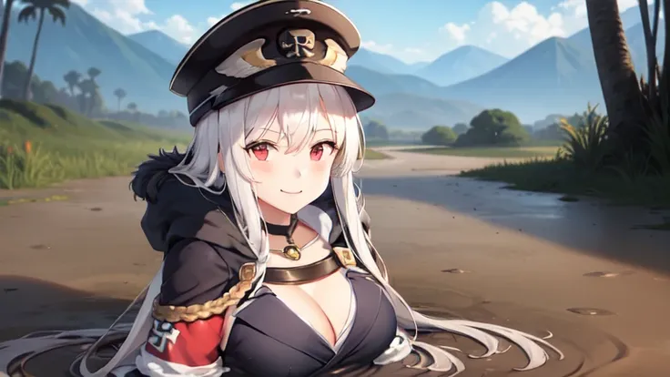 original outfit, 1girl, long hair, solo, large breasts, looking at viewer, smile, fur trim, cleavage, sitting, peaked cap, jacket, black headwear, jacket on shoulders, partially submerged, in mud, flooding up to the chest, upper body, military uniform, jun...