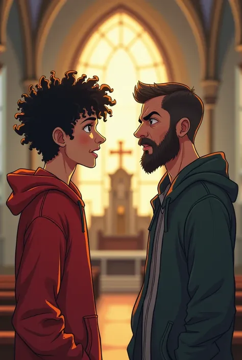 Simple drawing of an older teenage man with a red hoodie and curly hair, in the church, and a young father looking at him angrily