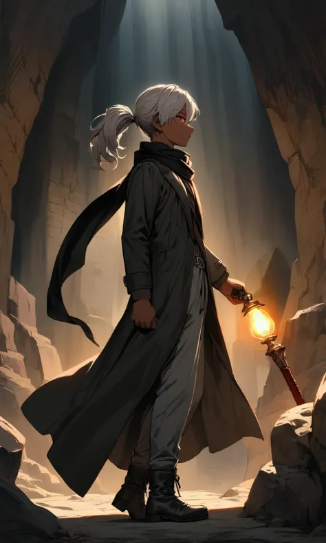 A young man with brown skin, wavy gray hair in a ponytail, sharp and vibrant red eyes, scar across one eye, he wears a black scarf, a black overcoat, gray pants and boots, sword at his waist, holding a torch , dark cave in the background, side profile.