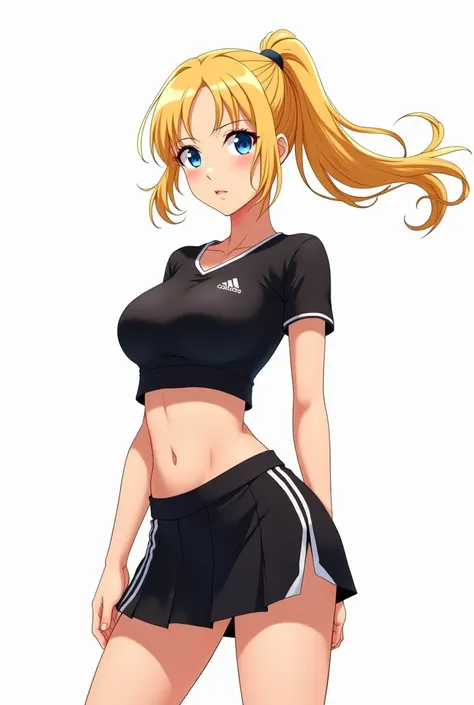 Anime girl
Hair: blonde and wavy 
Eyes: Blue 
Skin tone: nude
Style: sports skirt and sports shirt, both black 
Background: white