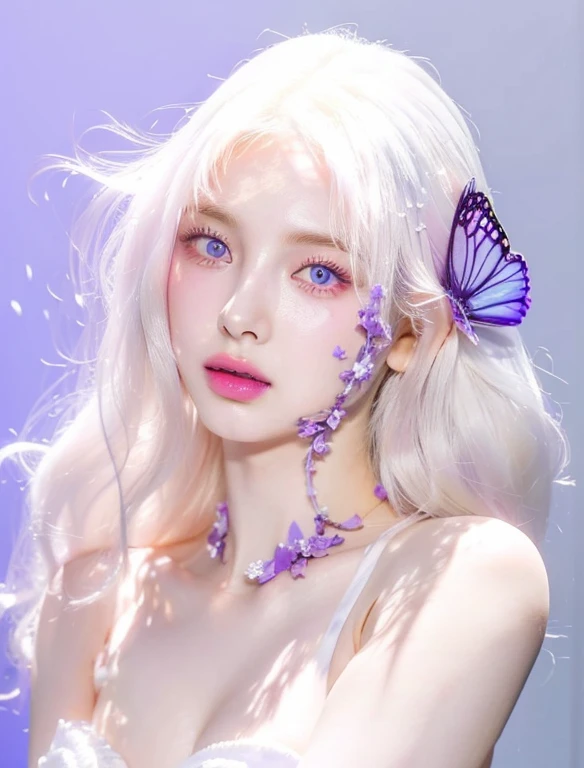 A close up of a woman with a purple butterfly on her face with purple eyes, inspired by Yanjun Cheng, Yanjun Chengt, combine, beautiful dolphin, beautiful elf with violet skin, ethereal beauty, porcelain white skin, portrait of Kim Petras, pale skin and pu...