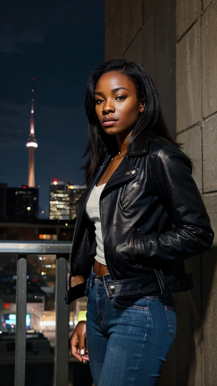 So Beautiful night view of Toronto.  So Beautiful african fahion model standing in the Toronto.  She wear blue jeans and black leather jacket. 