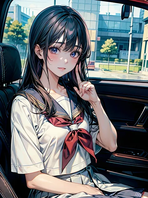 masterpiece, Highest quality, High resolution,alone, Accurate human body、Knowledgeable person、Correct five-finger,Anime Girl、Asian woman sitting in a car with steering wheel,Japanese girls uniform, Japanese School Uniform, high school girl, seifuku, Anime ...