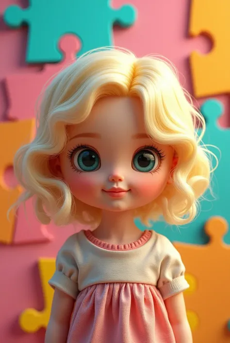 a doll/  blonde with a background behind colorful autism style puzzles, cartoon style doll