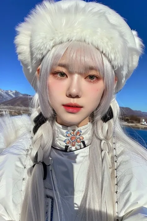 Giraffe with a white fur hat and a white jacket and purple eyes, with long white hair, with long white hair, beautiful young wind spirit, pale, snow-white skin, lalisa manobal, Hanfu blanco, long white hair and bangs, white bangs, A young woman like Genghi...