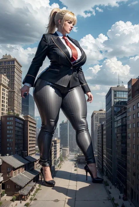 Young adult women beautiful curves a massive thighs blonde hair in a ponytail lipstick wearing a perfect perfect tailored grey pinstriped trouser suit and blazer, crisp white shirt and large broad red windsor knot tie,colossal breasts. Platform high heels ...