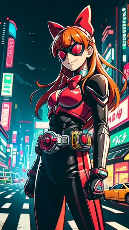 (8k),(masterpiece),(Japanese),(1girl),((Blossom)),((Kamen_Rider)),From the front,smile,cute,Innocent,Kind eyes, Flat chest, (long orange hair, blunt bangs, pink eyes, hair bow, red bow), red domino mask,city-scene-aso, night,dark, Neon light, LED, building...