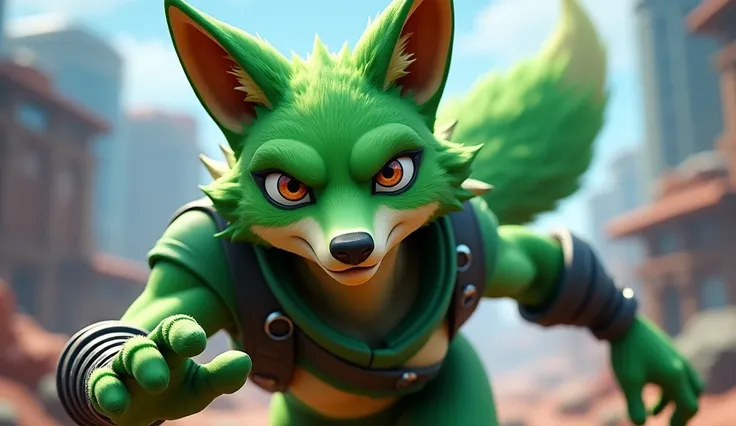 (photorealism) Fox male humanoid in the style of a Fortnite character, with green fur. 