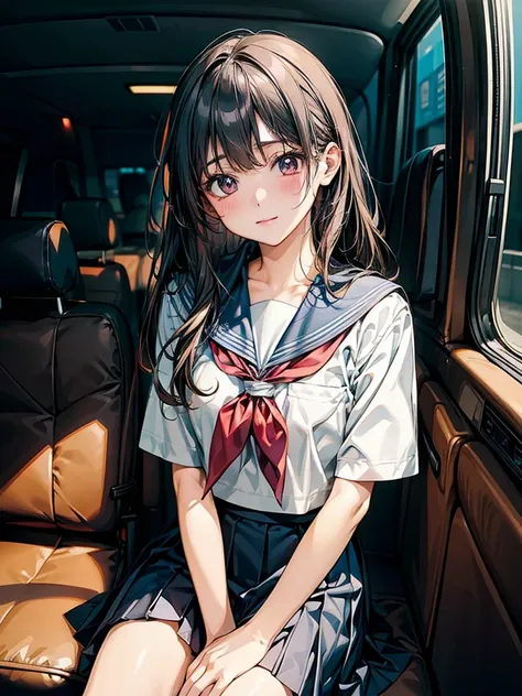 masterpiece, Highest quality, High resolution,alone, Accurate human body、Knowledgeable person、Correct five-finger,Anime Girl、Asian woman sitting in a car holding the steering wheel,Japanese girls uniform, Japanese School Uniform, high school girl, seifuku,...