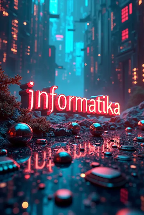 Create a 4:3 sized image that says "INFORMATIKA" adorned with shiny trinkets and a tech-themed backdrop And make the writing a bit smaller
