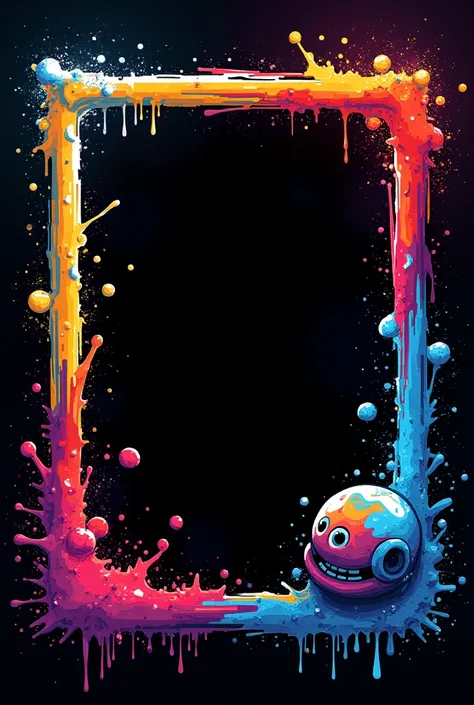 Create a colorful splash style frame with a black background featuring a video game image