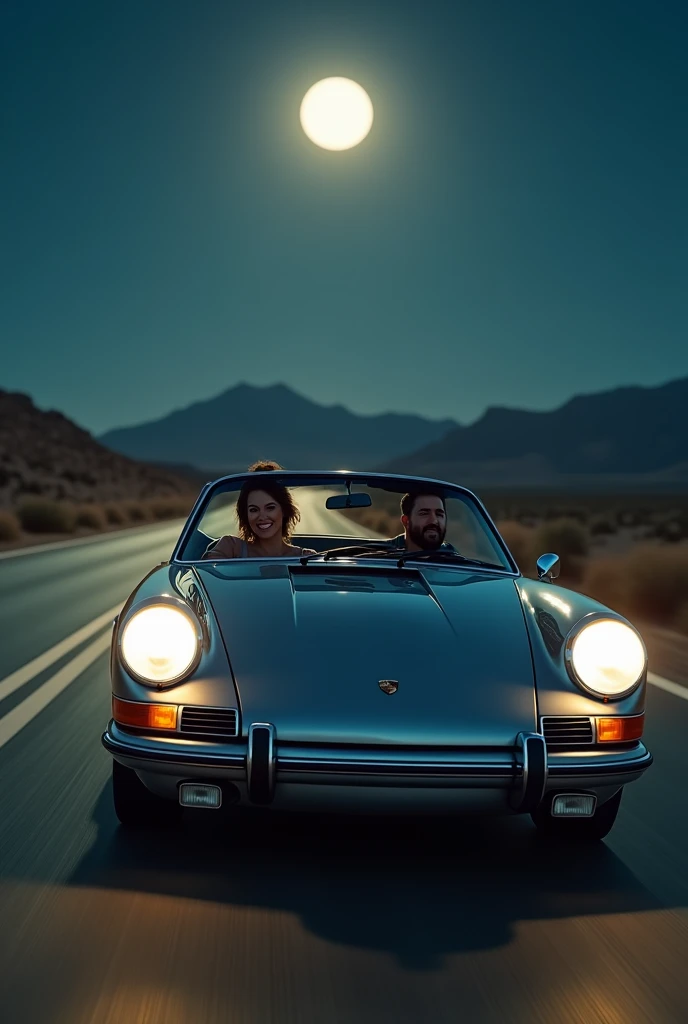 "An elegant and classic Porsche sports car speeding down a deserted highway under a bright full moon. Inside the car, a modern and well-dressed couple in their mid-40s, the woman looking incredibly sexy and seductive, showcasing her beauty, curves, and ton...