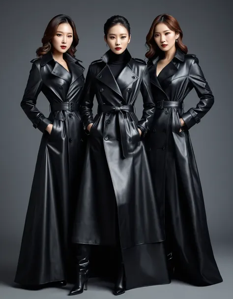 here is an artistic representation of three 4 korean fashion model actresses wearing hyper-realistic black leather long gloves a...