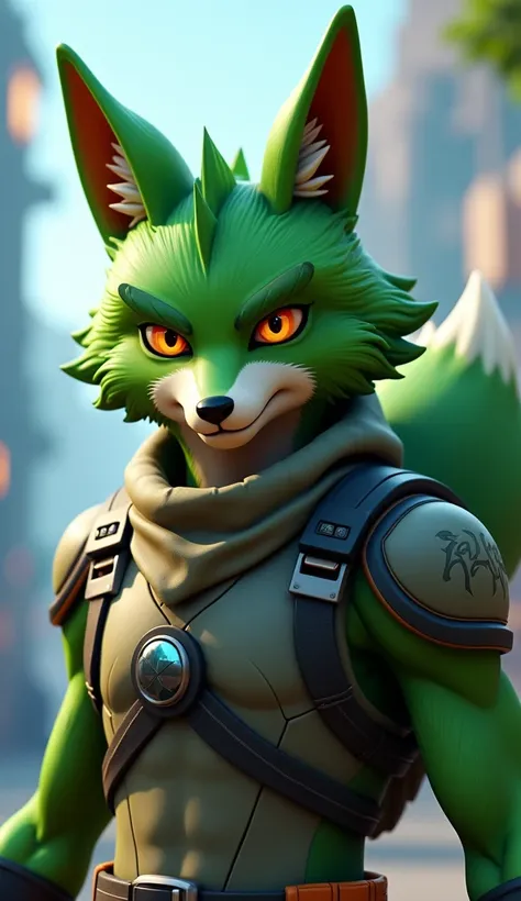 (photorealism) Fox male humanoid in the style of a Fortnite character, with green fur.