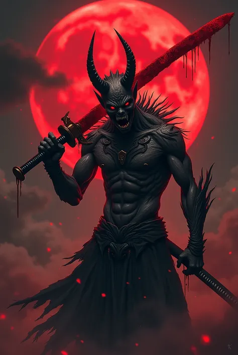 A half-human demon holding a red katana with blood and red moon effects 