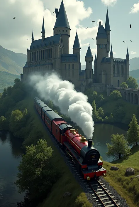 Hogwarts Express arriving at Hogwarts seen from above